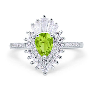 Pear Engagement Ring Baguette Simulated Peridot CZ 925 Sterling Silver